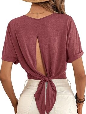 Verdusa Women's Open Back Top with Short Sleeves (Batwing sleeves) Tie back